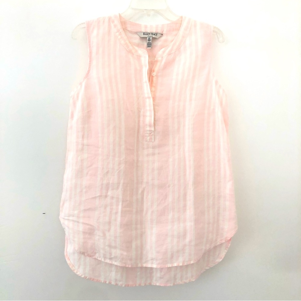 Ellen Tracy baby pink v-neck striped button up sleeveless tunic Linen Top | M